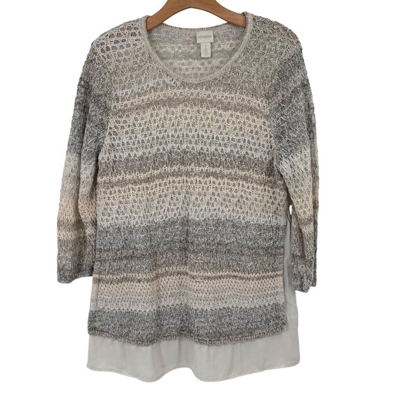 Chicos 2 Womens Knit sweater Layered Design Size large Beige Gray Cotton Blend - Picture 1 of 13